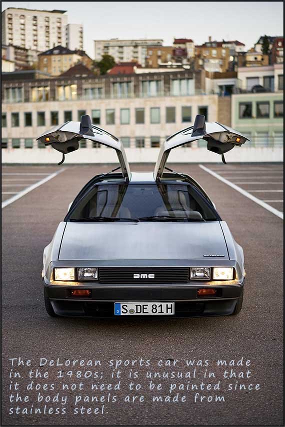 The Delorean sports car has body panels made from stainless steel.